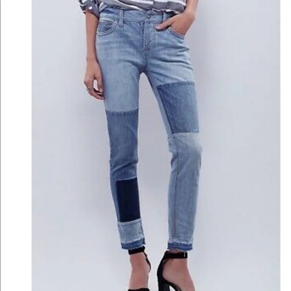 Free People Blue Skinny Jeans with Patchwork Design